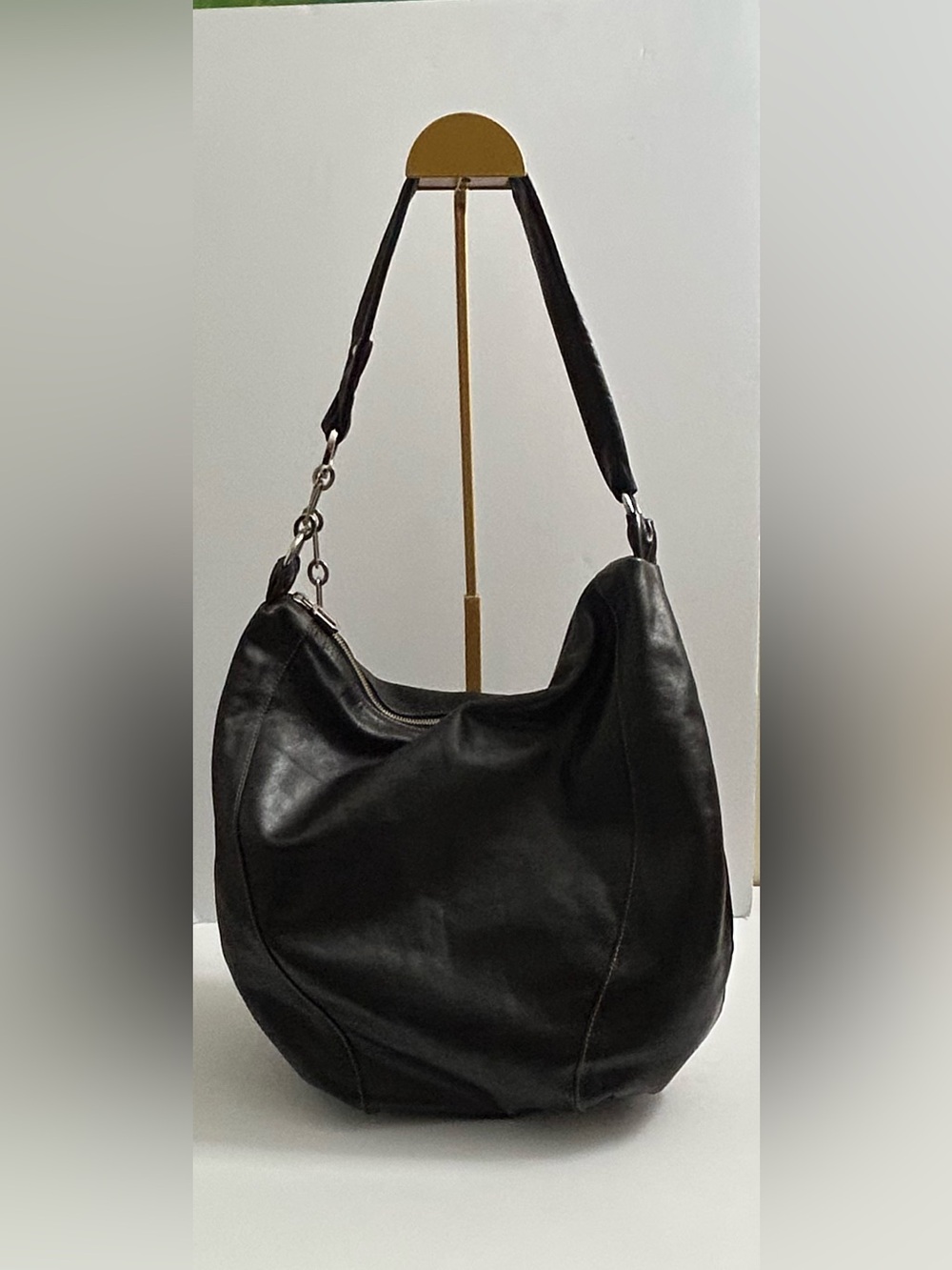 Prune Black Leather Hobo with Metal Ring Accents